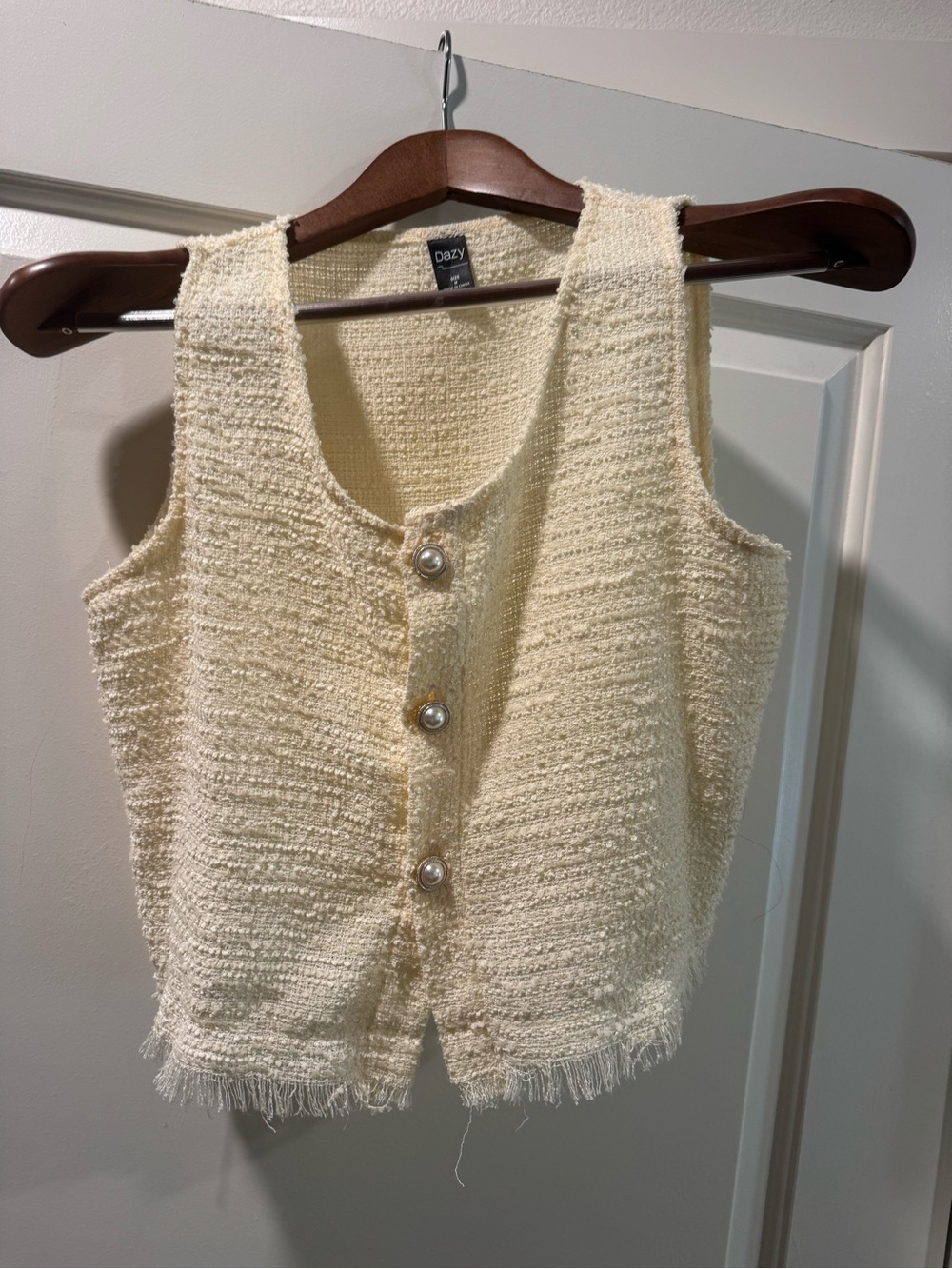 Cream Tweed Button-Front Sleeveless Sweater Vest